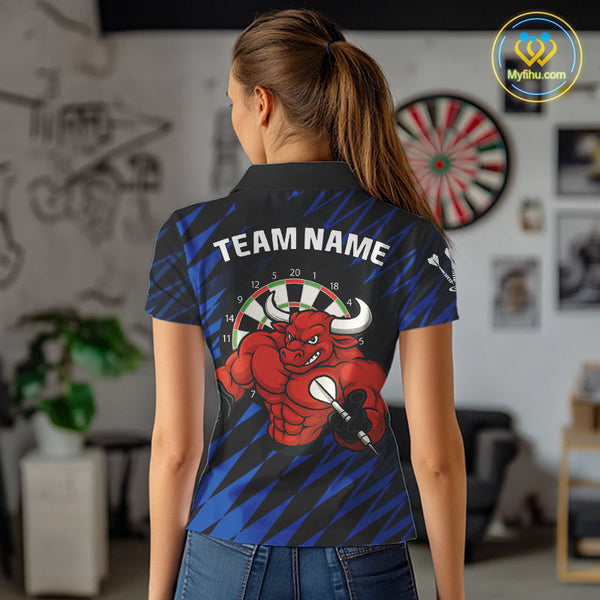 Custo Black And Blue Funny Bull Play Dart Polo Shirts For Women, Dart Team Jerseys NYN0381