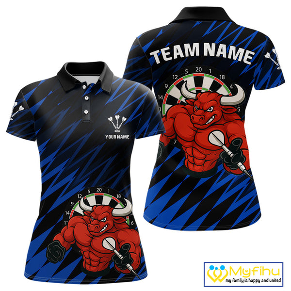 Custo Black And Blue Funny Bull Play Dart Polo Shirts For Women, Dart Team Jerseys NYN0381