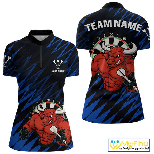 Custo Black And Blue Funny Bull Play Dart Women Quarter-Zip Shirt, Dart Team Jerseys NYN0381