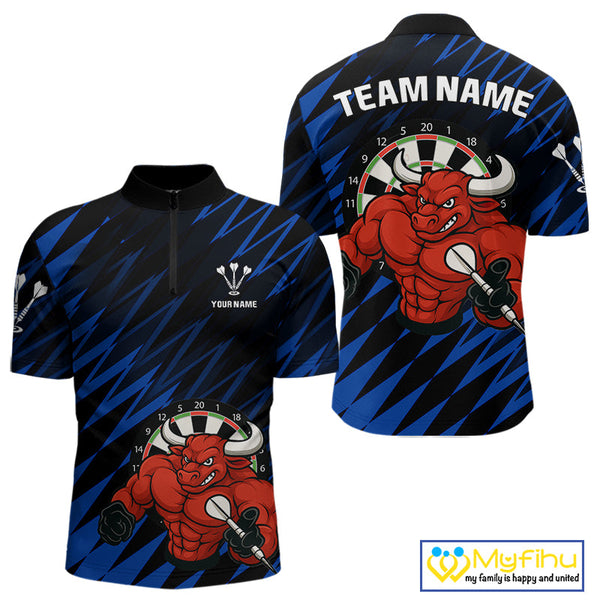 Custo Black And Blue Funny Bull Play Dart Quarter-Zip Shirts For Men, Dart Team Jerseys NYN0381