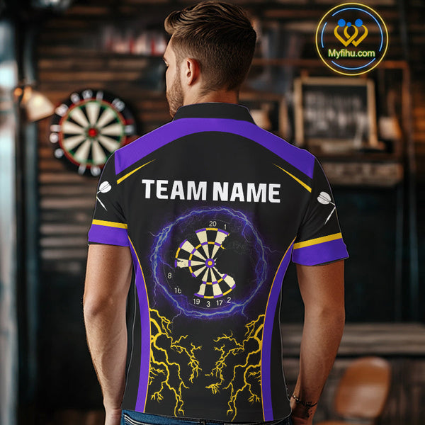 Custom Yellow And Purple Thunder Lightning Dart Team Men Polo Shirt, Dart Players Gift NYN0383