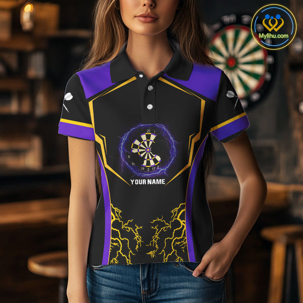 Custom Yellow And Purple Thunder Lightning Dart Team Women Polo Shirt, Dart Players Gift NYN0383
