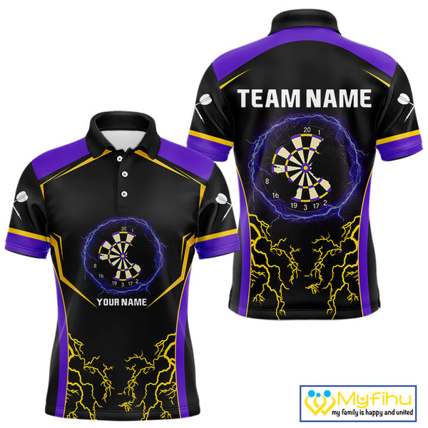 Custom Yellow And Purple Thunder Lightning Dart Team Men Polo Shirt, Dart Players Gift NYN0383
