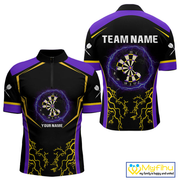 Custom Yellow And Purple Thunder Lightning Dart Team Men Quarter-Zip Shirt, Dart Players Gift NYN0383