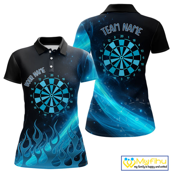 Custom Blue Flame Dartboard Polo Shirt For Women, Cool Fire Dart Team Shirt NYN0645