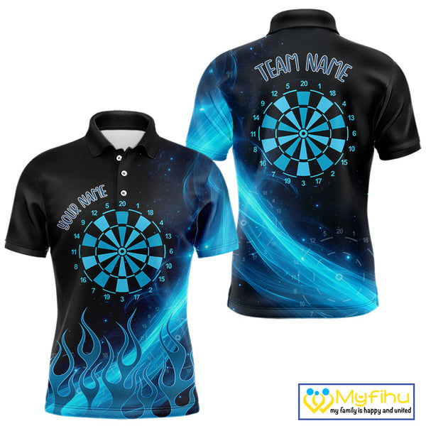 Custom Blue Flame Dartboard Polo Shirt For Men, Cool Fire Dart Team Shirt NYN0645