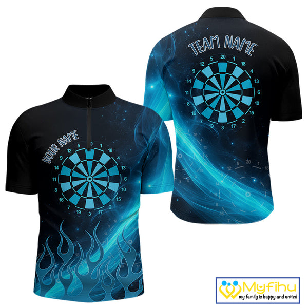 Custom Blue Flame Dartboard Quarter-Zip Shirt For Men, Cool Fire Dart Team Shirt NYN0645