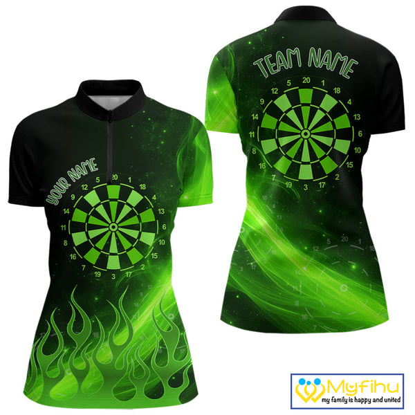 Custom Green Flame Dartboard Quarter-Zip Shirt For Women, Green Fire Dart Team Shirt NYN0646