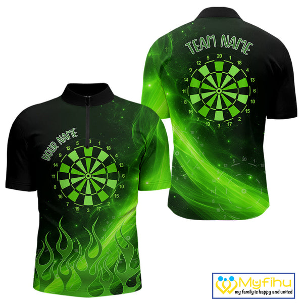 Custom Green Flame Dartboard Quarter-Zip Shirt For Men, Green Fire Dart Team Shirt NYN0646