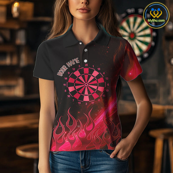 Custom Red Flame Dartboard Polo Shirt For Women, Neon Fire Dart Team Shirt NYN0647