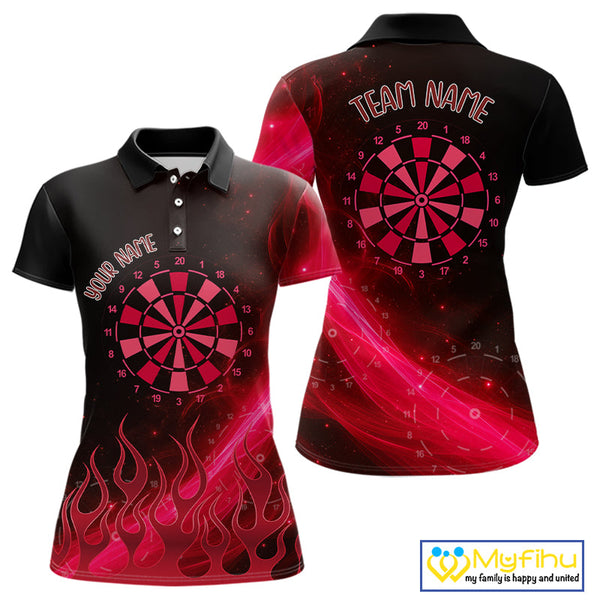 Custom Red Flame Dartboard Polo Shirt For Women, Neon Fire Dart Team Shirt NYN0647