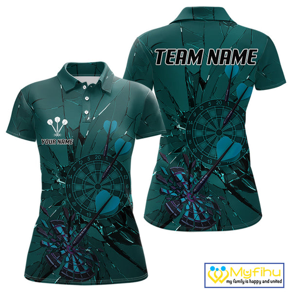 Custom Teal Broken Glass Dartboard Polo Shirt For Women, Shattered Target Dart Jersey NYN0653