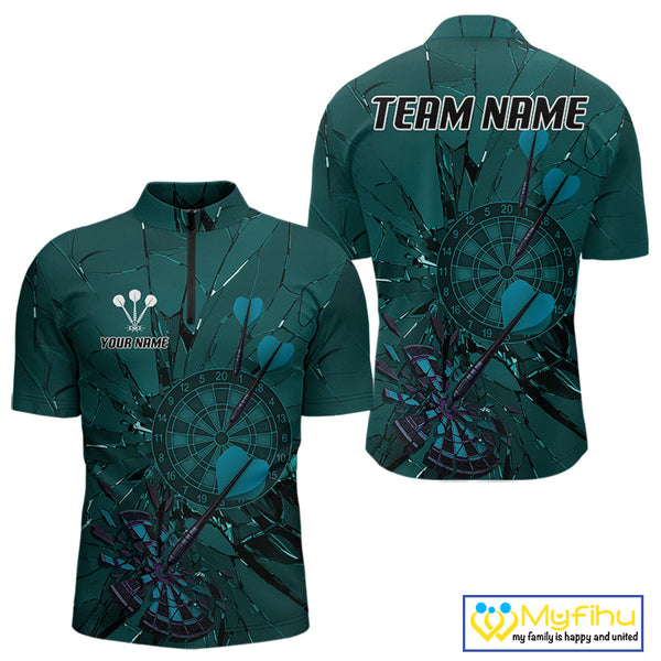 Custom Teal Broken Glass Dartboard Quarter-Zip Shirt For Men, Shattered Target Dart Jersey NYN0653
