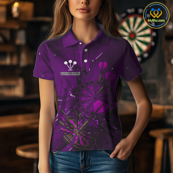 Custom Purple Broken Glass Dartboard Polo Shirt For Women, Shattered Target Dart Jersey NYN0655
