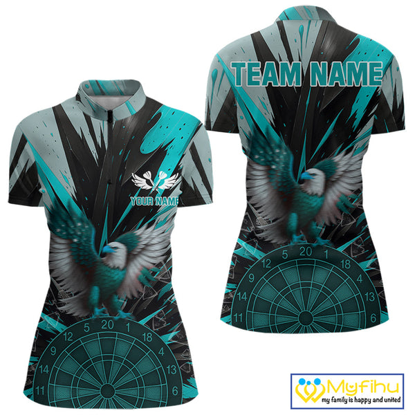 Custom Teal Eagle Splash Dartboard Quarter-Zip Shirt For Women, Power Dart Team Jersey NYN0657