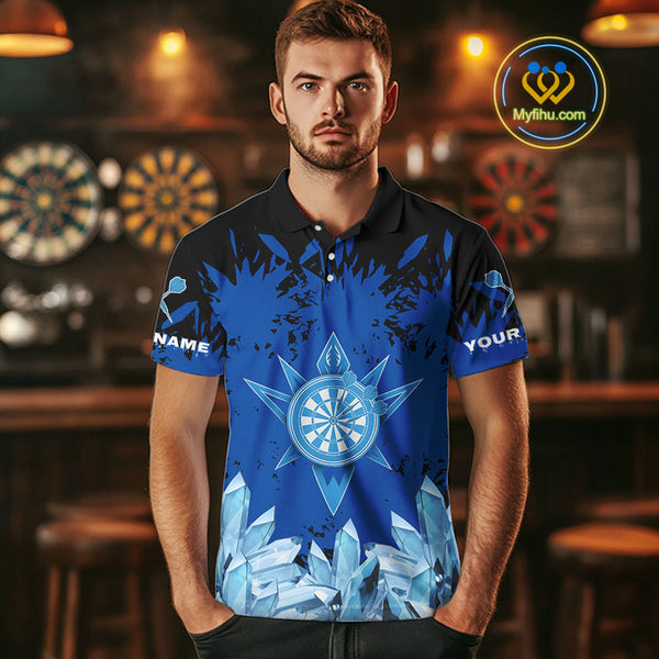 Custom Black And Blue Icy Dart Team Men Polo Shirts, Dart League Shirt NYN0386