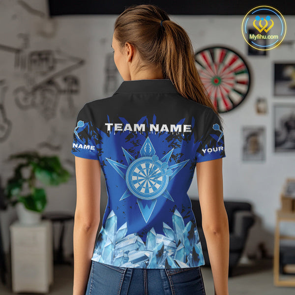 Custom Black And Blue Icy Dart Team Women Polo Shirts, Dart League Shirt NYN0386