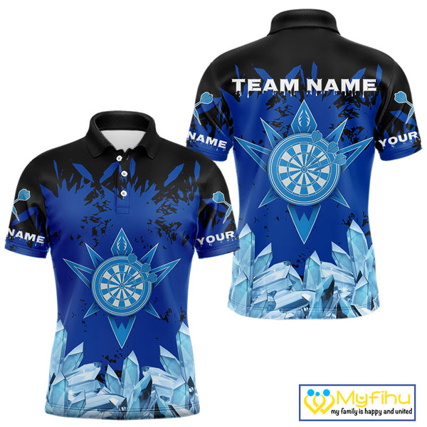 Custom Black And Blue Icy Dart Team Men Polo Shirts, Dart League Shirt NYN0386