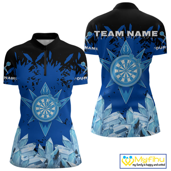 Custom Black And Blue Icy Dart Team Women Quarter-Zip Shirts, Dart League Shirt NYN0386