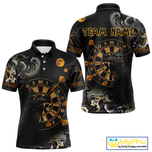 Custom Black And Gold Wolf Dart Team Men Polo Shirt, Wolf Dart Jerseys NYN0389