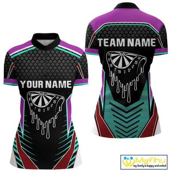 Custom Blue And Purple Dripping Dartboard Dart Women Quarter-Zip Shirt, Dart League Shirt NYN0391