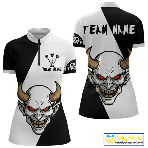 Custom Demon Skull With Horn Dart Team Quarter-Zip Shirts For Women, Halloween Outfit NYN0395