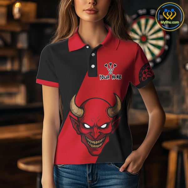 Custom Red Demon Skull With Horn Dart Team Polo Shirts For Women, Halloween Outfit NYN0396