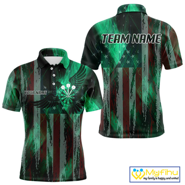 Custom Green US Flag Wings Dartboard Dart Men Polo Shirt, Patriotic Dart Jerseys NYN0659