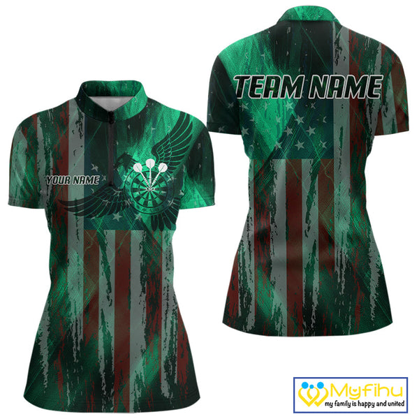 Custom Green US Flag Wings Dartboard Dart Women Quarter-Zip Shirt, Patriotic Dart Jerseys NYN0659