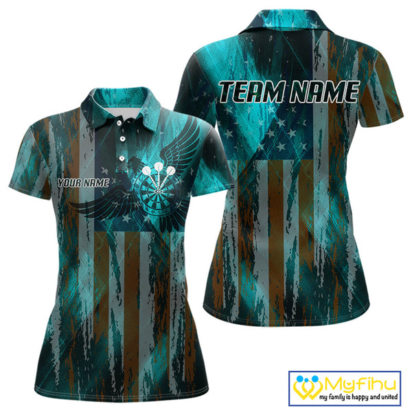 Custom Teal Blue US Flag Wings Dartboard Dart Women Polo Shirt, Patriotic Dart Jersey NYN0661