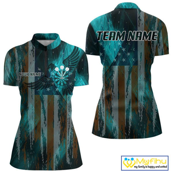 Custom Teal Blue US Flag Wings Dartboard Women Quarter-Zip Shirt, Patriotic Dart Jersey NYN0661
