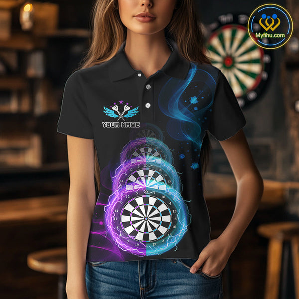 Custom Blue Purple Flame Dartboard Lightning Dart Polo Shirts For Women, Dart Jerseys NYN0662