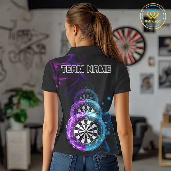 Custom Blue Purple Flame Dartboard Lightning Dart Polo Shirts For Women, Dart Jerseys NYN0662