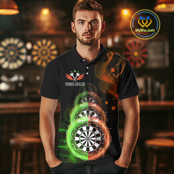 Custom Green Orange Flame Dartboard Lightning Dart Polo Shirts For Men, Dart Jerseys NYN0663