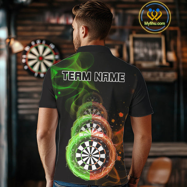 Custom Green Orange Flame Dartboard Lightning Dart Polo Shirts For Men, Dart Jerseys NYN0663