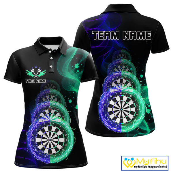 Custom Blue Green Flame Dartboard Lightning Dart Polo Shirts For Women, Dart Jerseys NYN0664