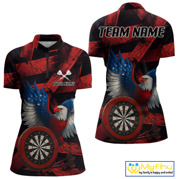 Custom Black Red Eagle Dartboard Patriotic US Flag Dart Quarter-Zip Shirts For Women NYN0665