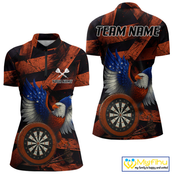 Custom Black Orange Eagle Dartboard Patriotic US Flag Dart Quarter-Zip Shirts For Women NYN0666