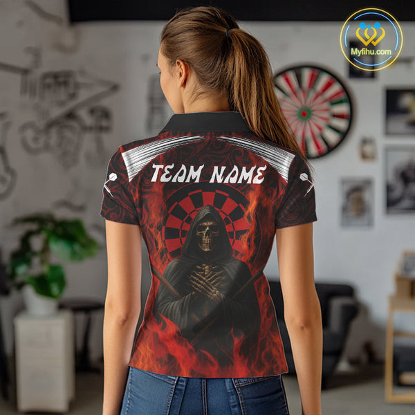 Custom Black And Red Fire Flame Grim Reaper Dart Women Polo Shirt, Halloween Dart Outfit NYN0405