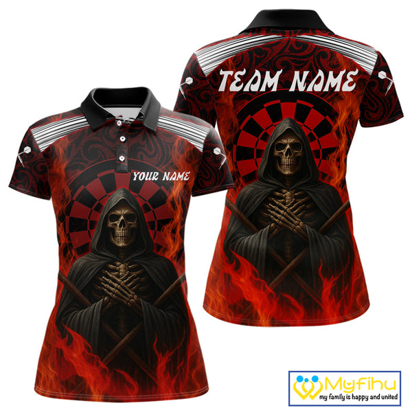 Custom Black And Red Fire Flame Grim Reaper Dart Women Polo Shirt, Halloween Dart Outfit NYN0405
