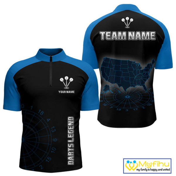 Custom Black And Blue American Dart Legend Dart Quarter-Zip Shirts For Men, Patriotic Dart Jerseys NYN0415