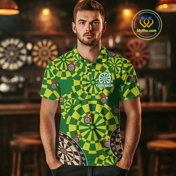 Custom Green And Yellow Dartboard Pattern Dart Team Men Polo Shirts, Dart Jerseys NYN0425