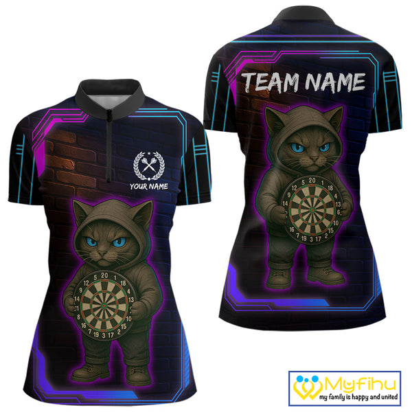 Custom Funny Cat Dart Quarter-Zip Shirts For Women, Cat Dart Team Shirt NYN0429