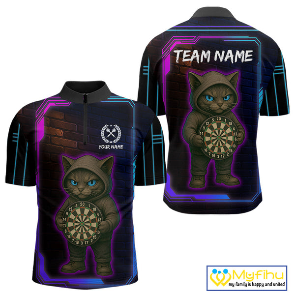 Custom Funny Cat Dart Quarter-Zip Shirts For Men, Cat Dart Team Shirt NYN0429