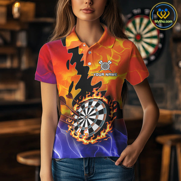 Custom Orange And Purple Fire Flame Dartboard Dart Team Polo Shirts For Women NYN0682