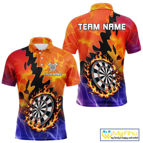Custom Orange And Purple Fire Flame Dartboard Dart Team Polo Shirts For Men NYN0682