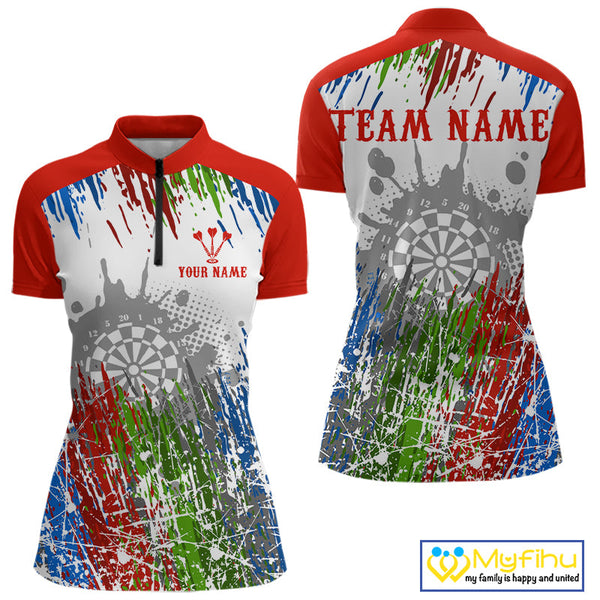 Custom Red Blue Green Splash Paint Dartboard Dart Women Quarter-Zip Shirt, Dart Jerseys NYN0683