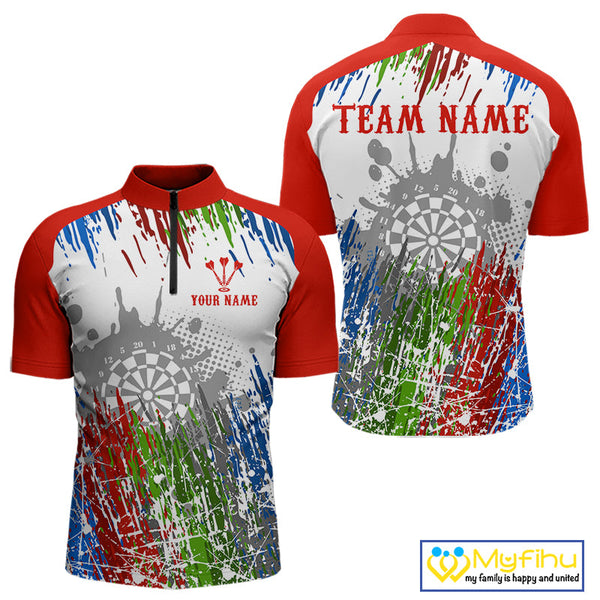 Custom Red Blue Green Splash Paint Dartboard Dart Quarter-Zip Shirts For Men, Dart Jerseys NYN0683