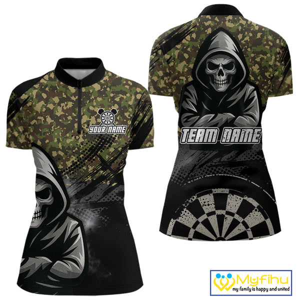 Custom Military Camo Skull Dart Quarter-Zip Shirt For Women, Halloween Dart Team Outfit NYN0437