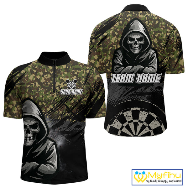 Custom Military Camo Skull Dart Quarter-Zip Shirt For Men, Halloween Dart Team Outfit NYN0437